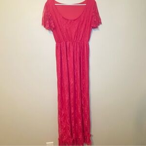 EUC Lace Hot Pink Maxi Dress Flutter Sleeves